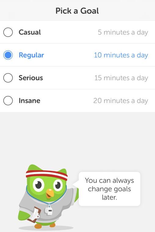 difficulty selection screen in Duolingo