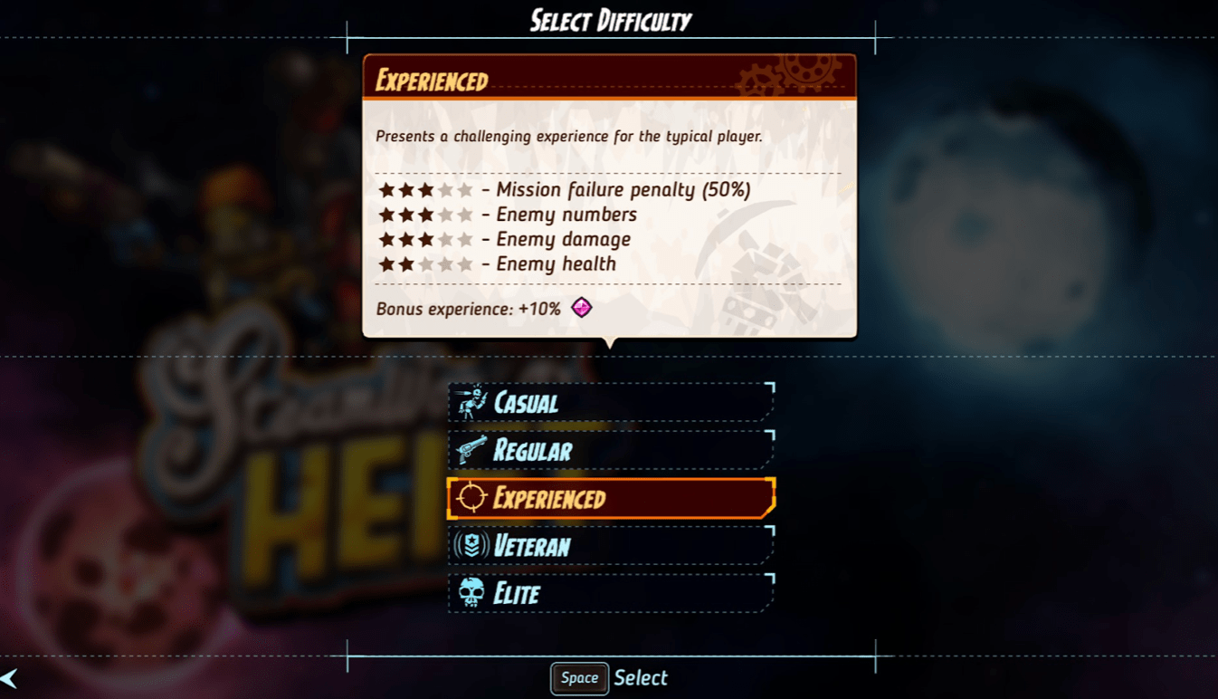 difficulty level selection screen in Steamworld Heist